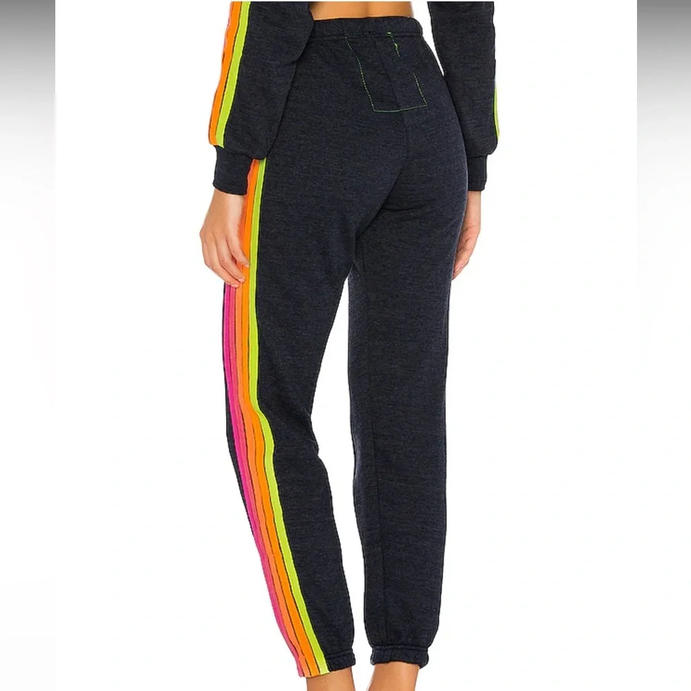 AVIATOR NATION 5 STRIPE SWEATPANTS HEATHER NAVY/NEON RAINBOW SMALL - Picture 5 of 13